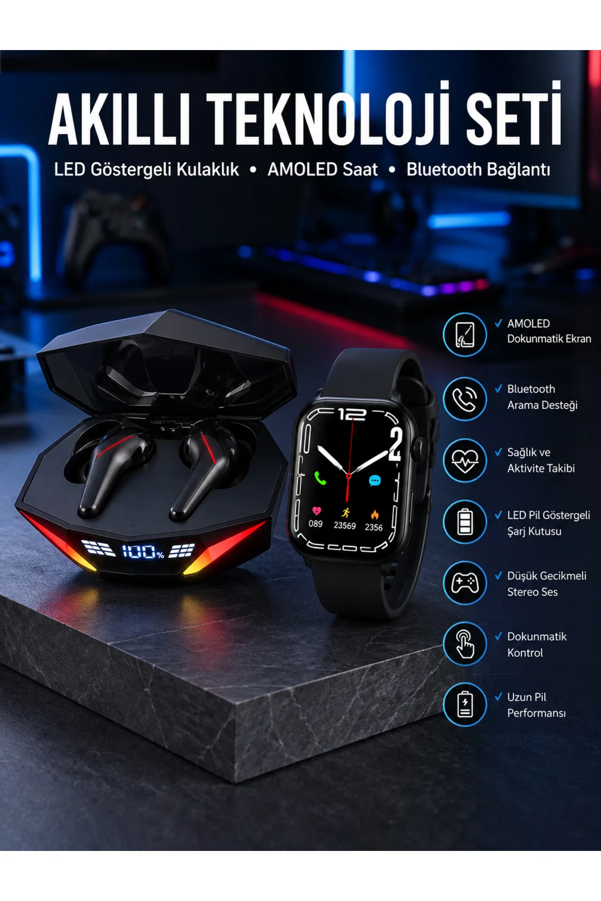 İkili Set Dev Ucuz Kulaklık Ucuz Akıllı Saat Gürültü Önleyici Uzun Pil Ömrü
