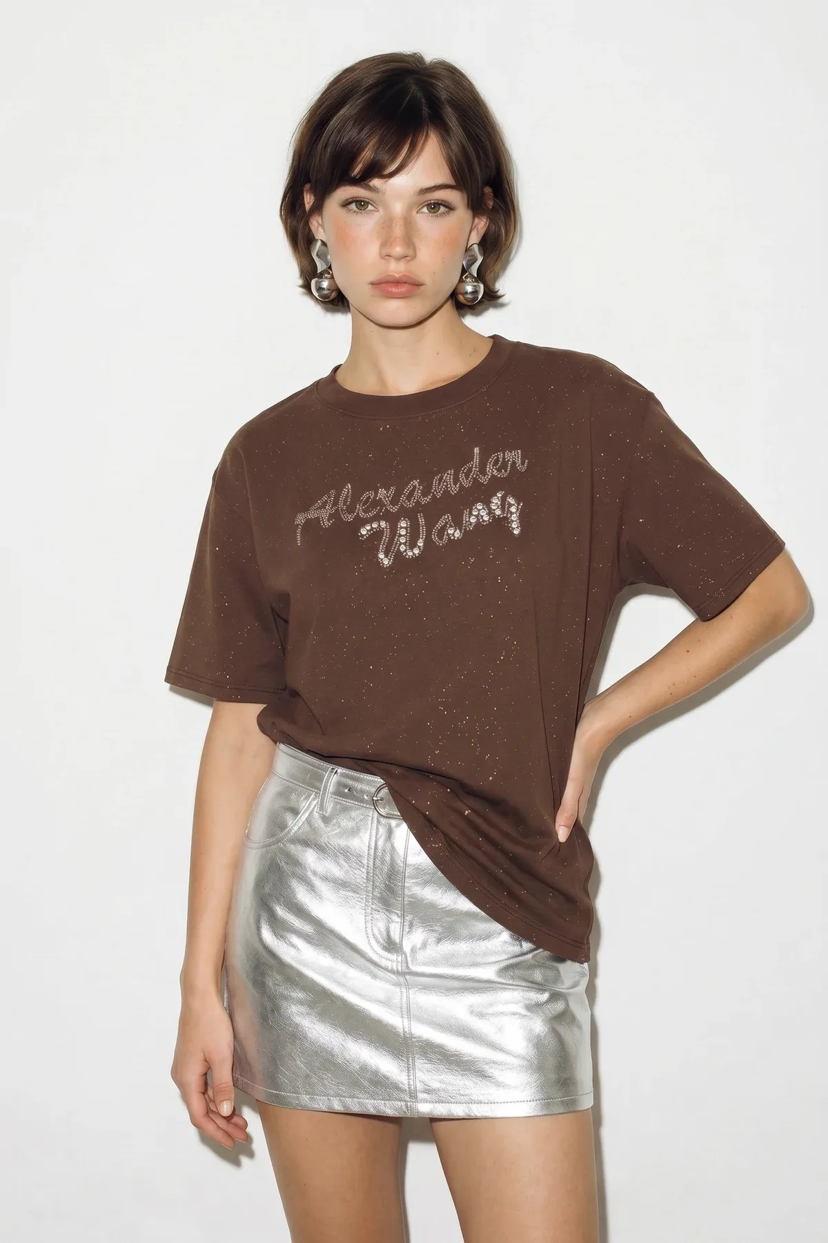 Kadın Simli Taş Yazı Baskılı Bisiklet Yaka Oversize Basic T Shirt Acı Kahve