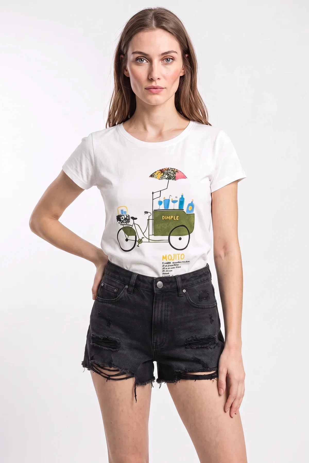 Kadın El İşi Nakışlı Bisiklet Baskılı Premium Tasarım Pamuklu T Shirt Beyaz T-Shirt