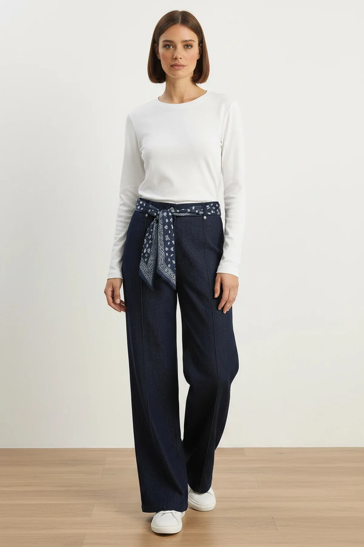 Kadın Saten Kemer Detaylı Wide Leg Denim Lacivert Pantolon