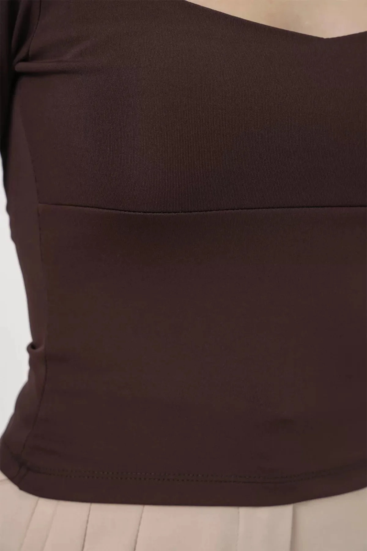 Kadın Kare Yaka Slim Fit Kahverengi Bluz