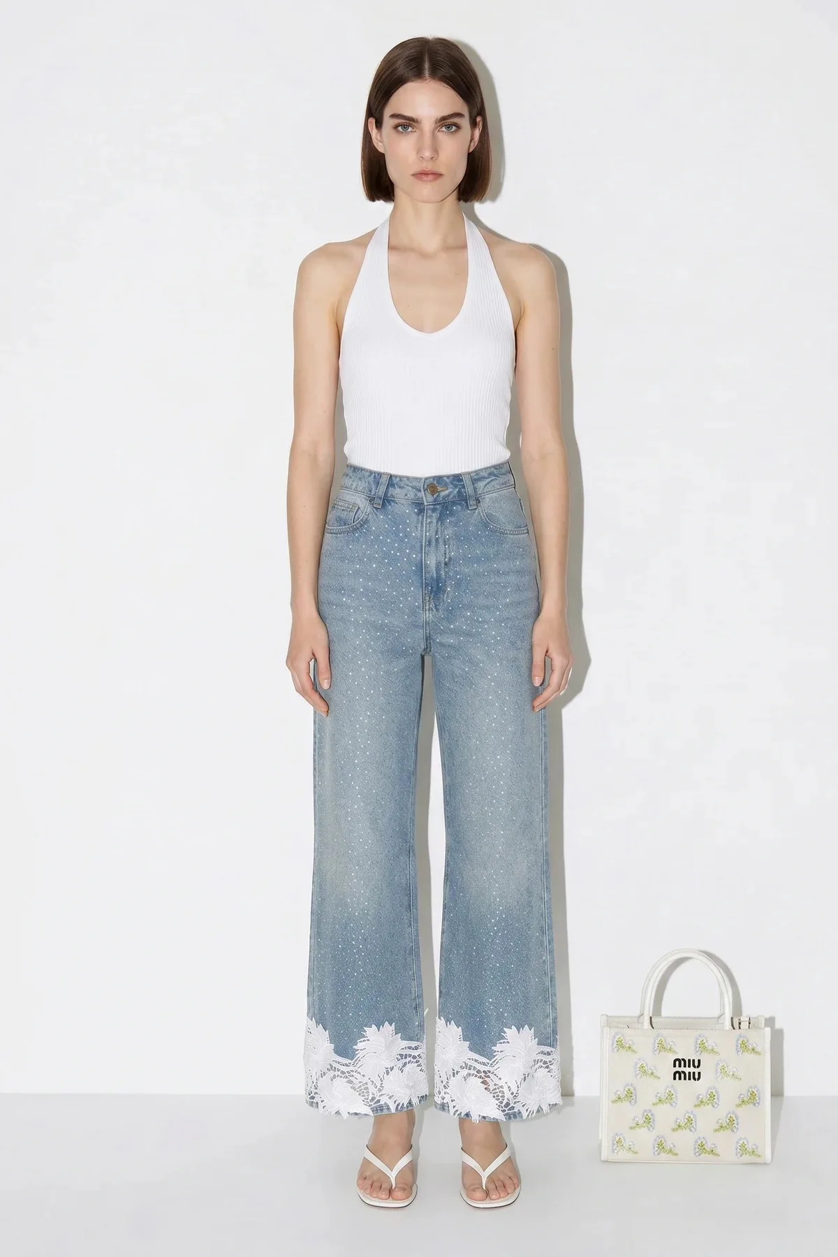 Kadın Taş İşlemeli Dantel Paça Wide Leg Denim Mavi Pantolon