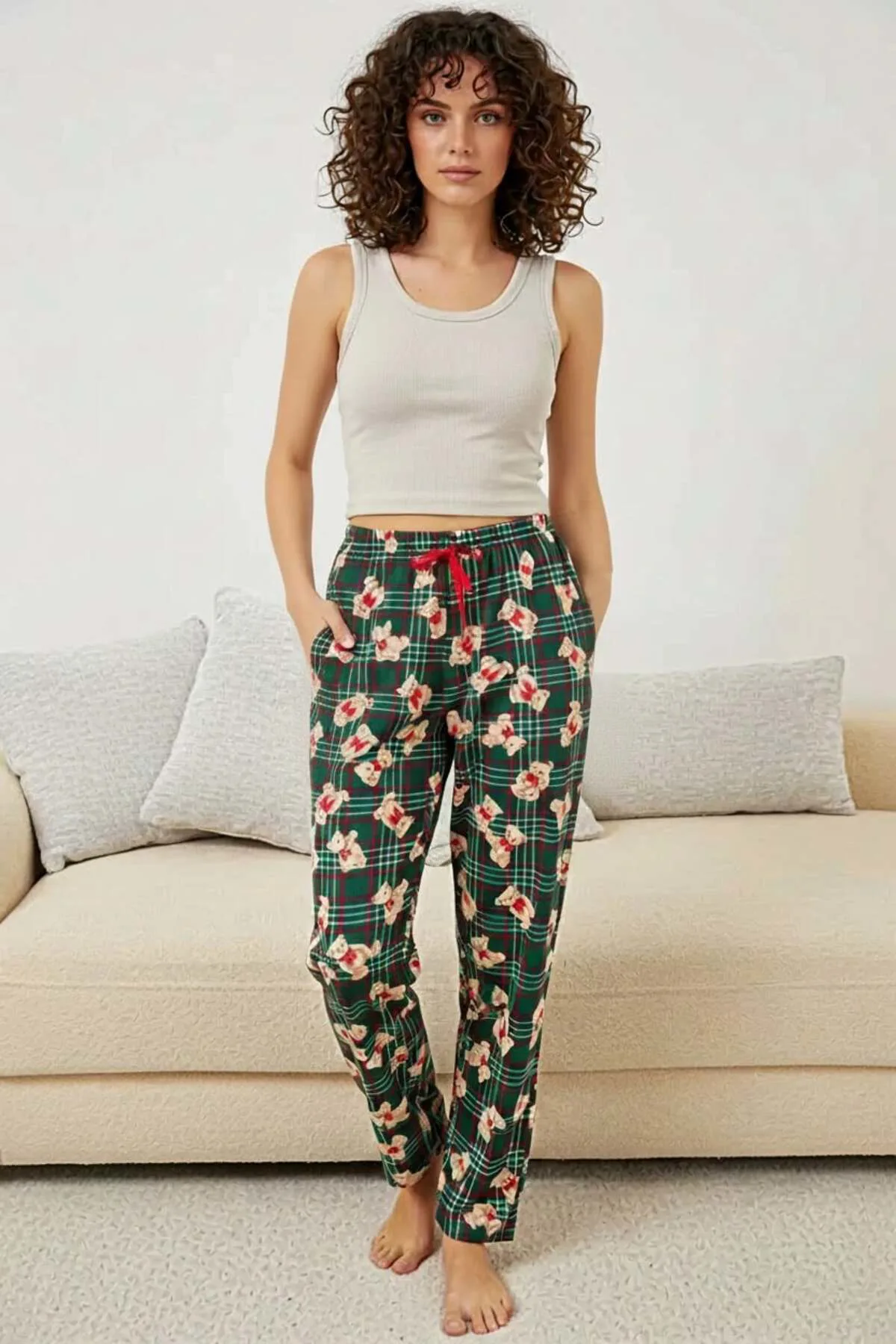 Kadın Beli Büzgülü Kareli Desenli Zümrüt Yeşili Pijama Altı