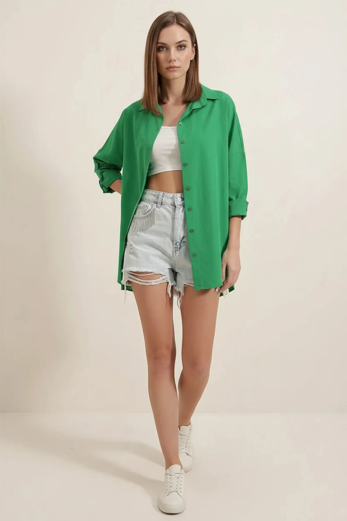 Kadın Oversize Kesim Basic Pamuklu Yeşil Gömlek