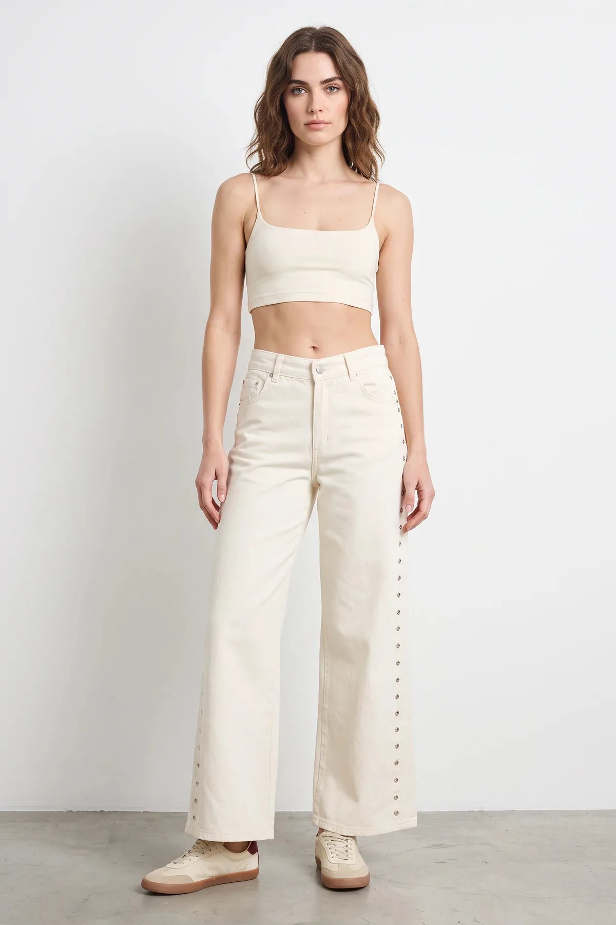Kadın Yanları Metal Detaylı Wide Leg Denim Krem Pantolon