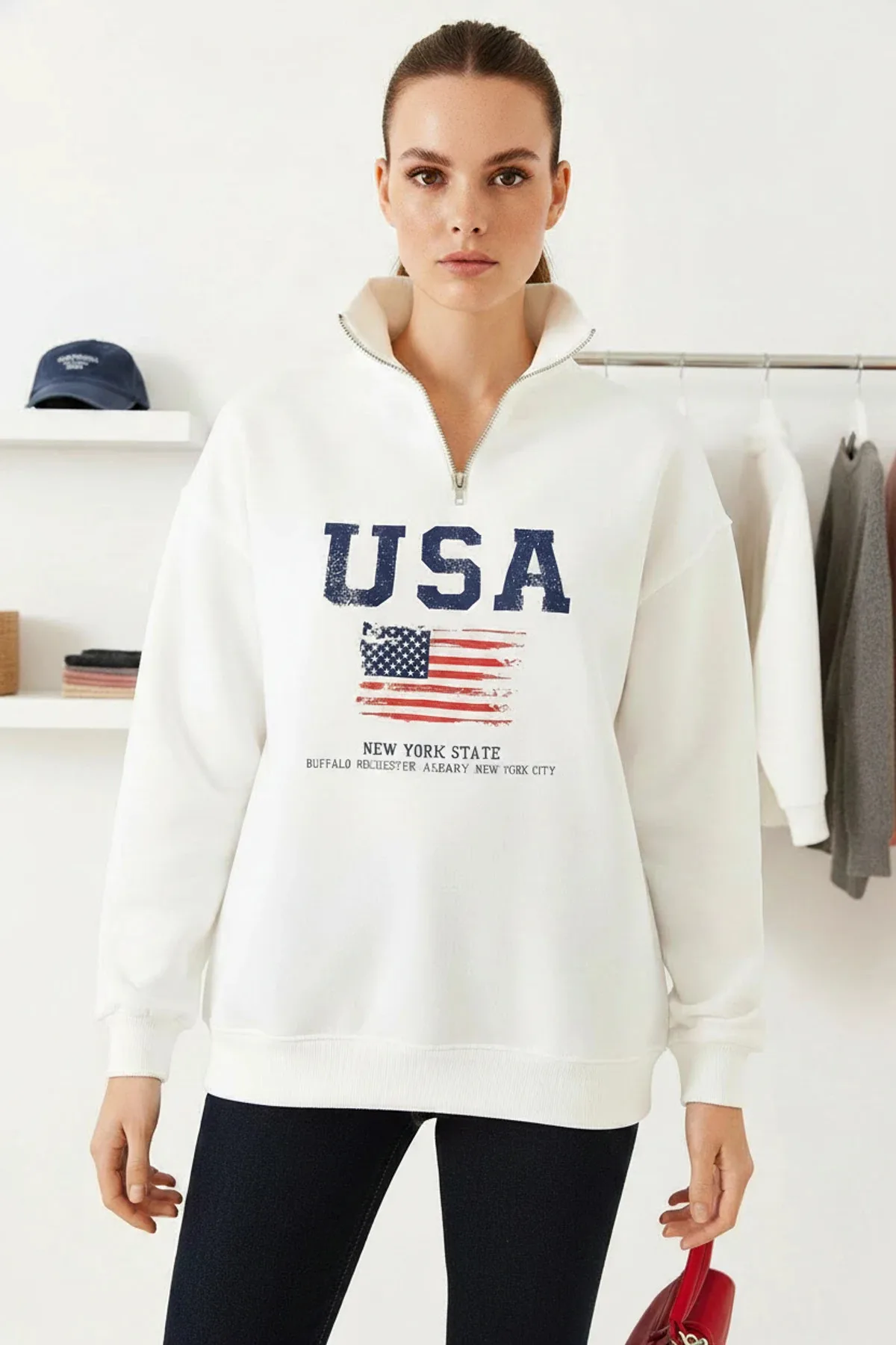 Kadın USA Baskılı Dik Yaka Beyaz Sweatshirt