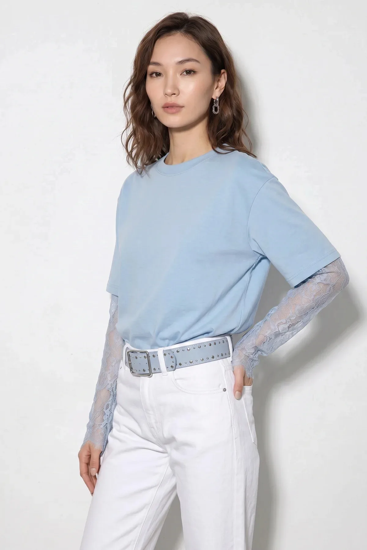 Kadın Bisiklet Yaka Dantel Kollu Oversize Pamuklu T Shirt Acı Kahve T-Shirt