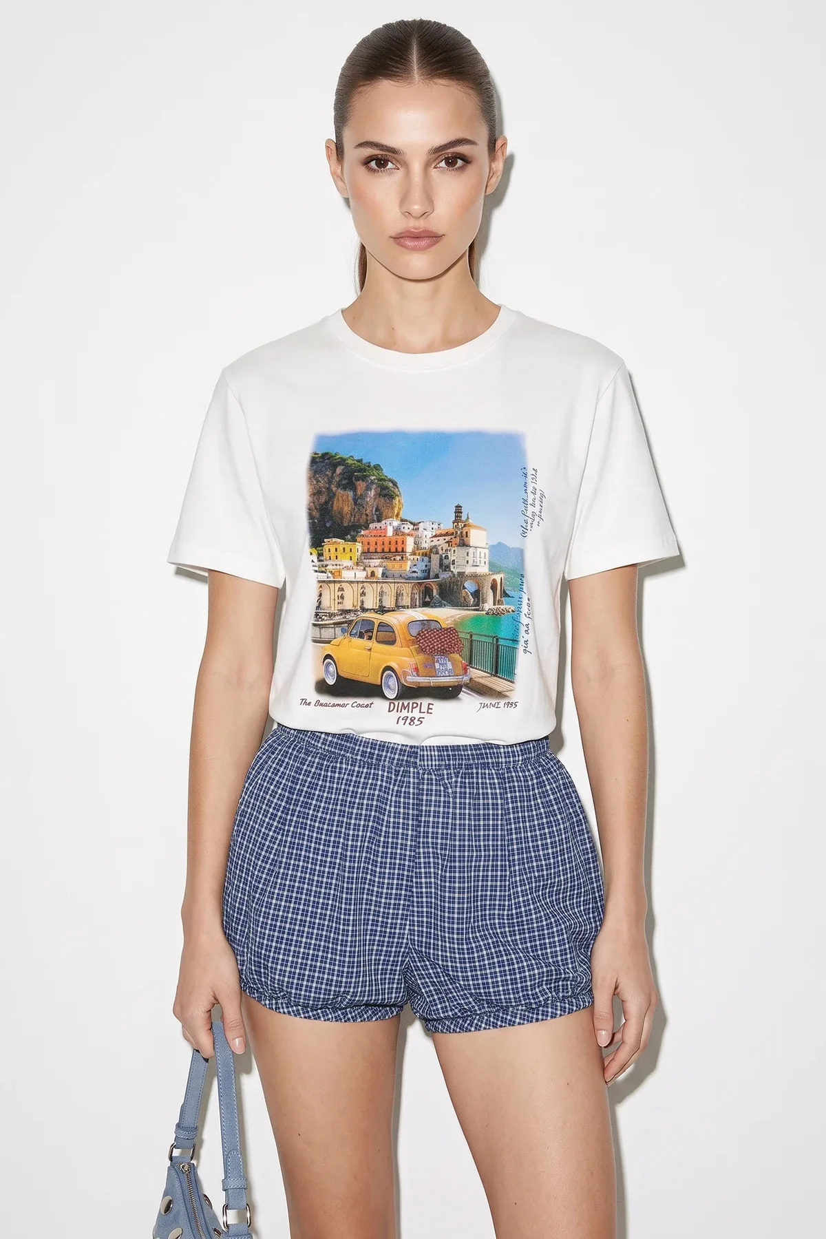 Kadın Italy Temalı Baskılı Premium Tasarım Pamuklu T Shirt Beyaz