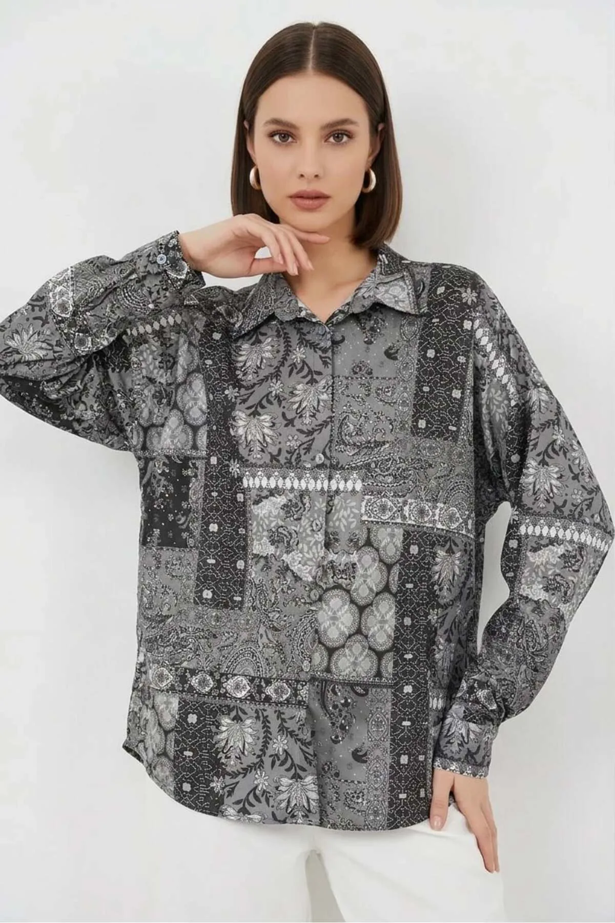 Kadın Oversize Desenli Saten Antrasit Gömlek