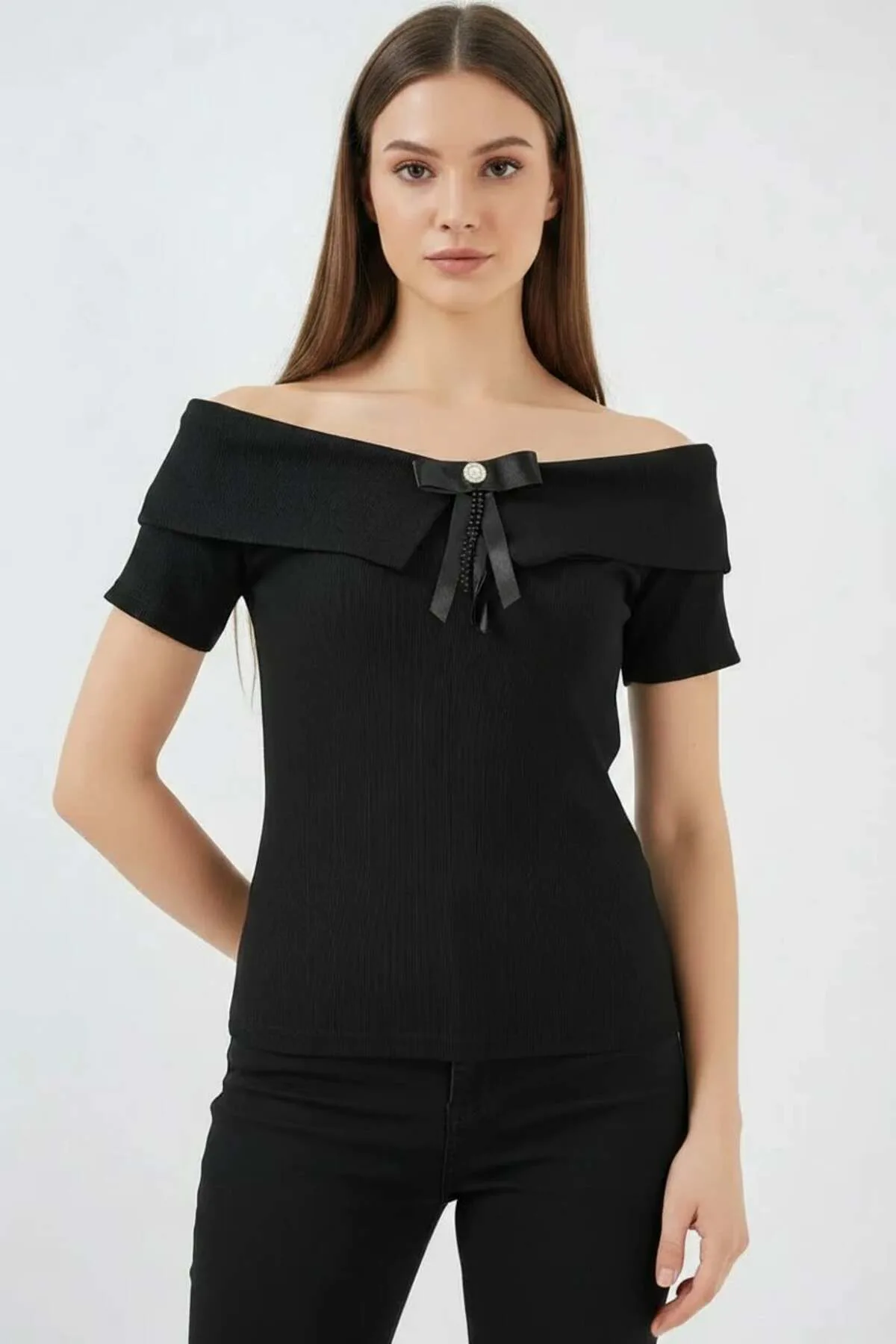 Kadın Off Shoulder Kurdele Detaylı Siyah Bluz