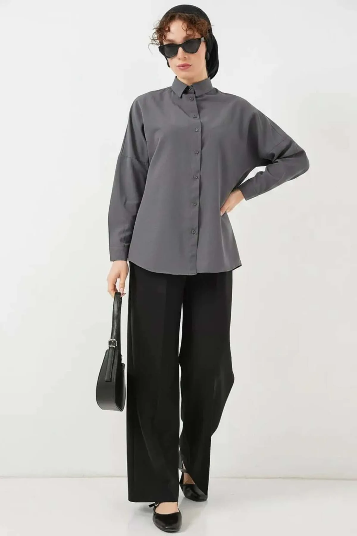 Kadın Oversize Basic Pamuklu Gri Tesettür Gömlek