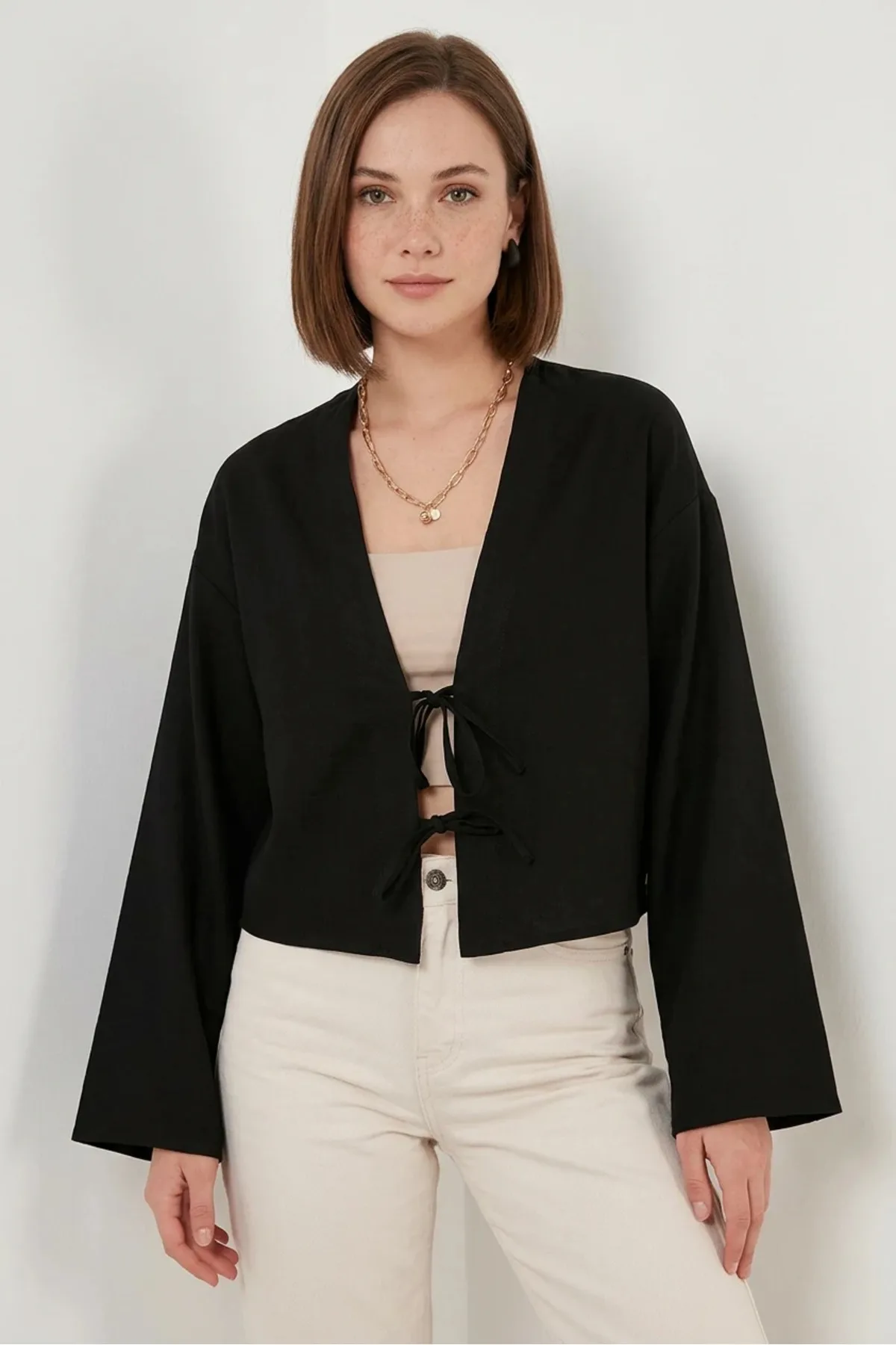 Kadın V Yaka Önü Bağlamalı Keten Siyah Kimono