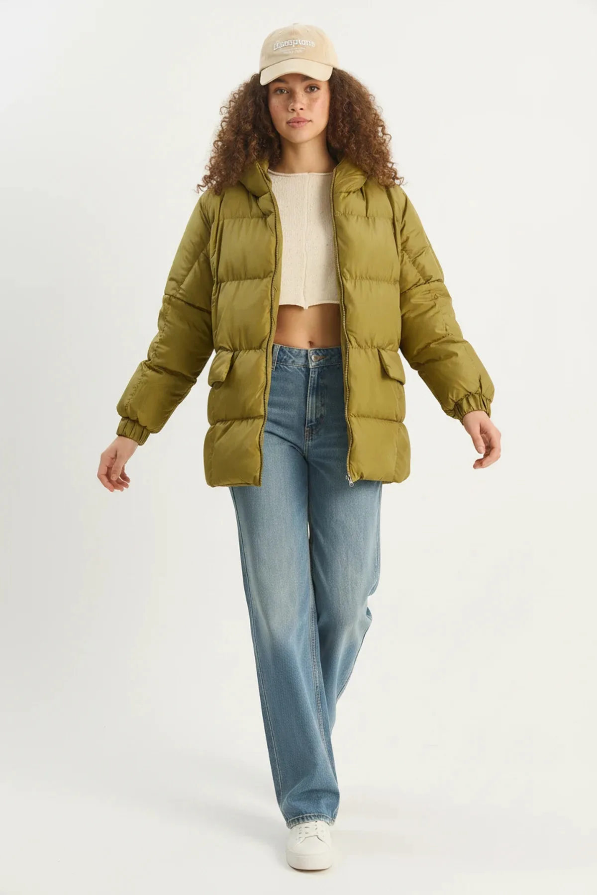 Kadın Kapüşonlu Oversize Yarasa Kol Şişme Yeşil Mont