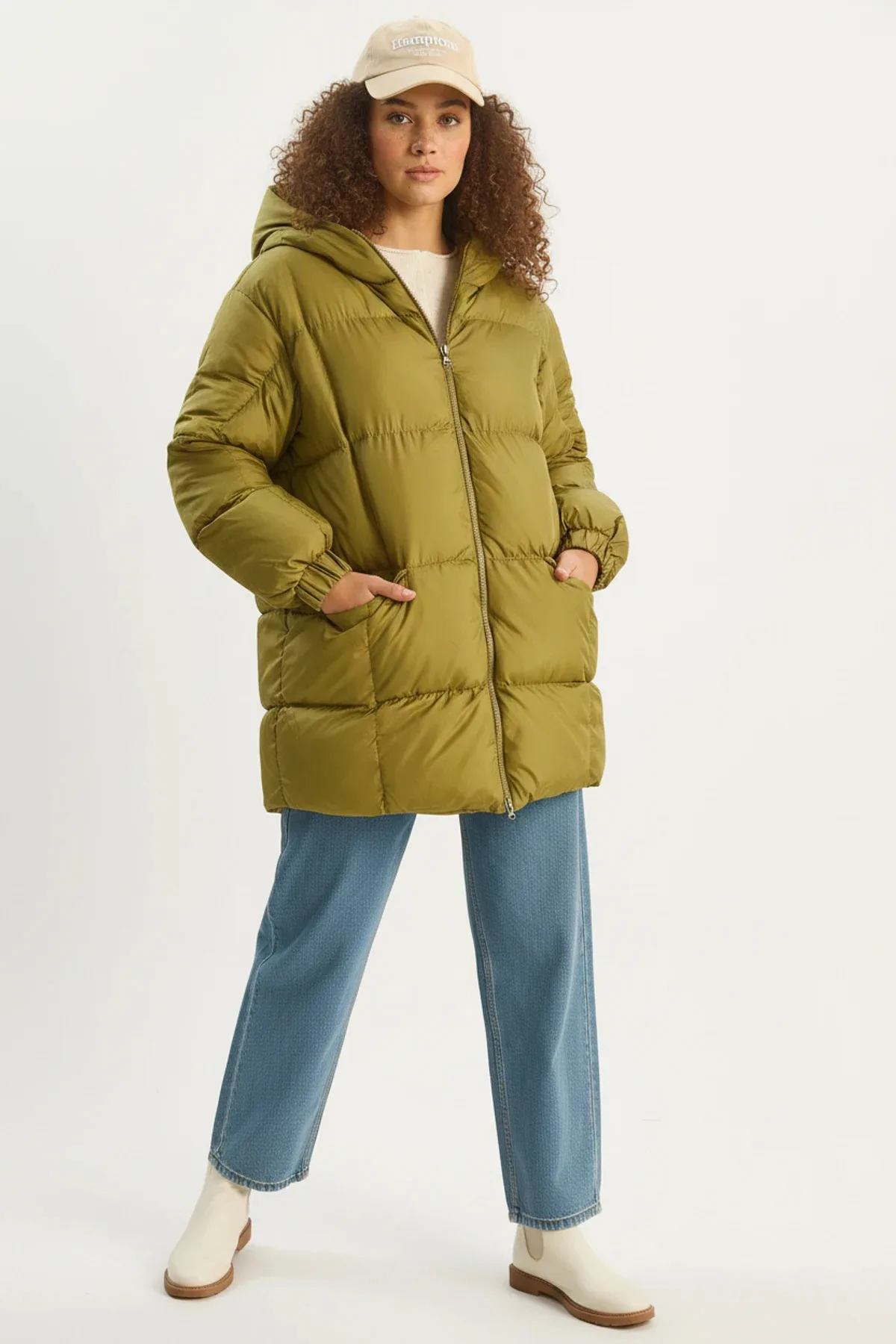 Kadın Kapüşonlu Oversize Yarasa Kol Şişme Yeşil Mont
