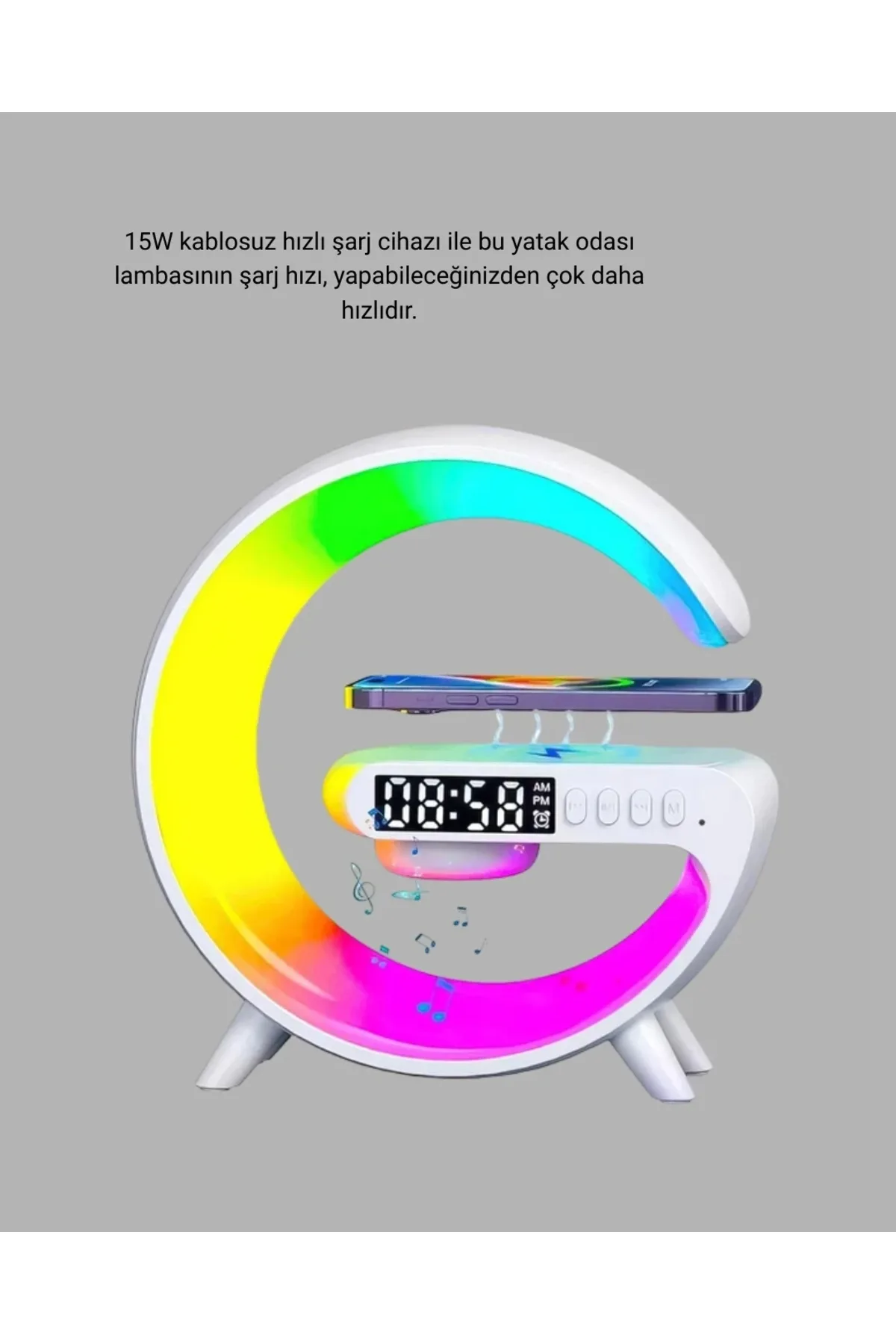 Bluetooth Hoparlörlü Rgb Atmosfer Lambası Kablosuz Şarj Ve Saat Özellikli