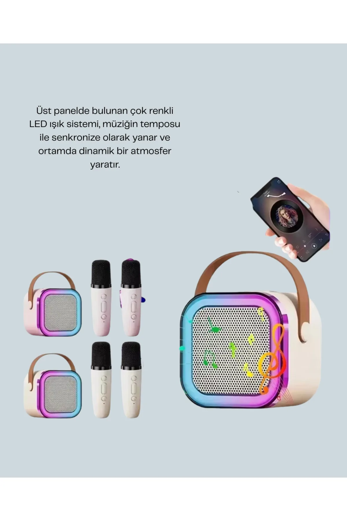LED Işıklı Taşınabilir Karaoke Hoparlör – USB &amp; AUX Girişli