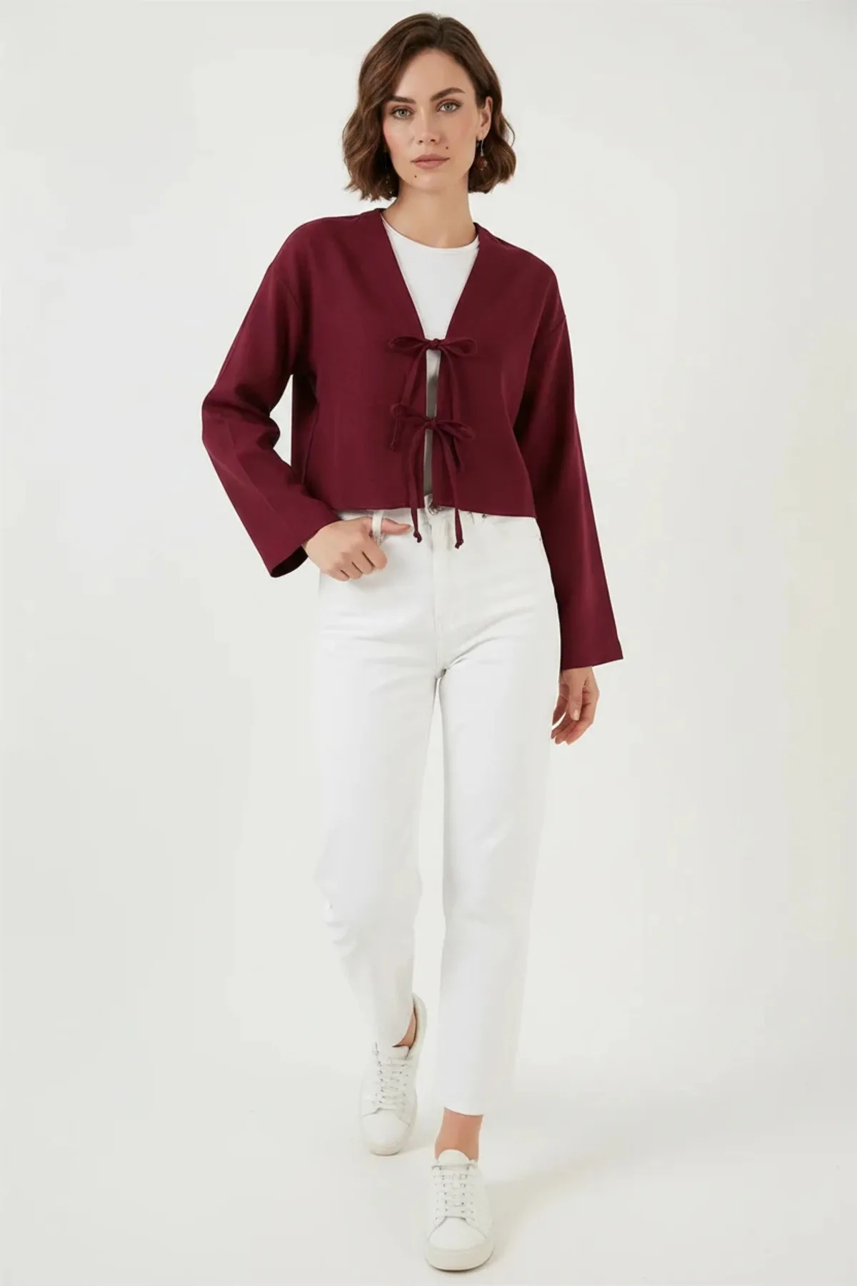 Kadın V Yaka Önü Bağlamalı Keten Bordo Kimono